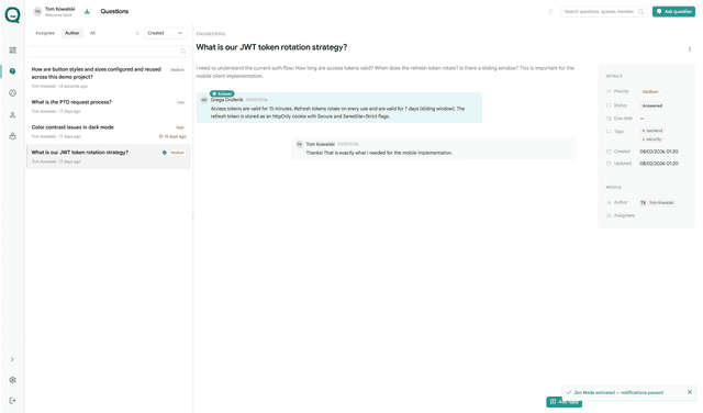 quietQ queue preview showing question, owner, status, and accepted answer